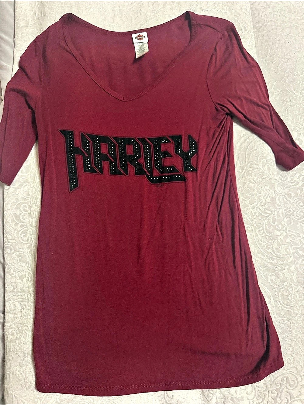 Harley-Davidson Rhinestone Block Letter Logo Tunic Top Red & Black Small